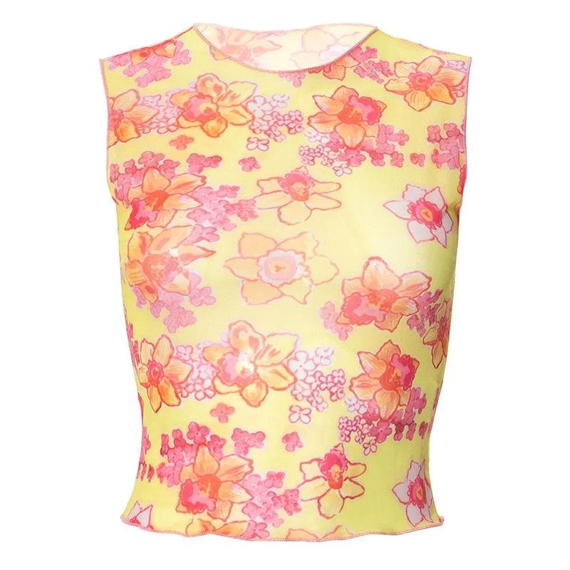 Sleeveless flower print sheer mesh crop top Ribbed Crop Top High Neck Heavyweight