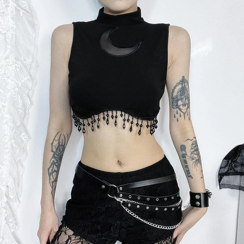 Sleeveless high neck moon pattern beaded crop top Hooded Caped Shawl Collar