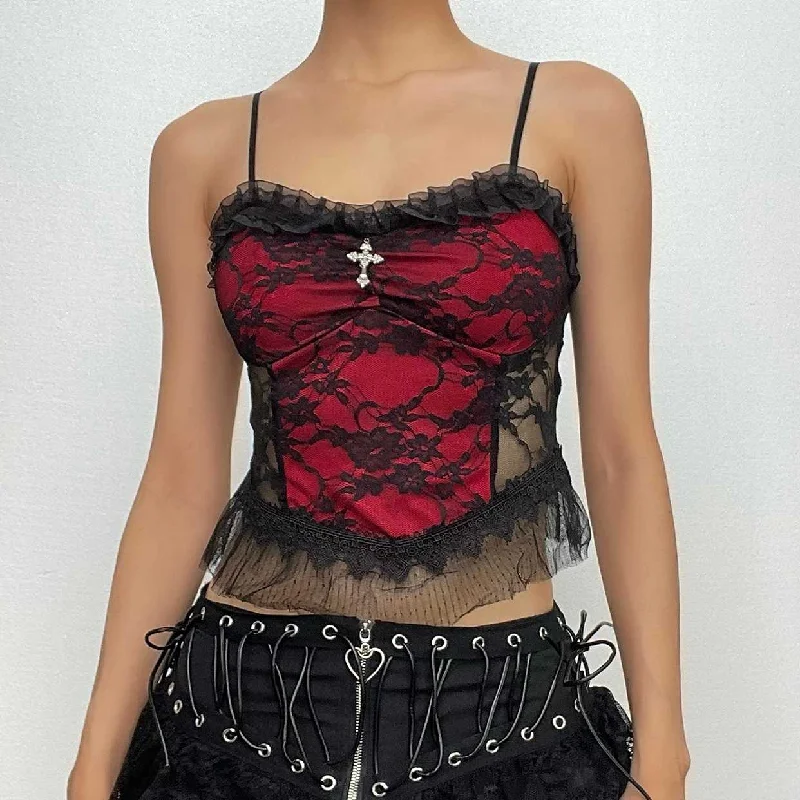 Sleeveless lace hem contrast spider web applique backless crop top Polka Dot Checkered Tartan Sleeveless lace hem contrast spider web applique backless crop top Polka Dot Checkered Tartan