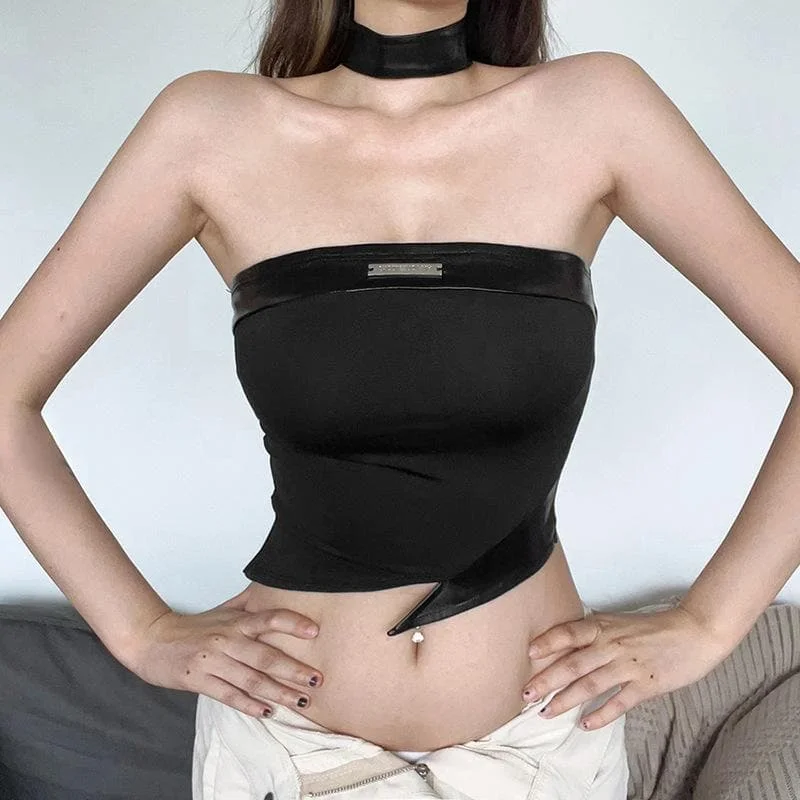 Sleeveless solid PU leather choker bustier tag backless crop top Fashionable Trendy Casual Sleeveless solid PU leather choker bustier tag backless crop top Fashionable Trendy Casual