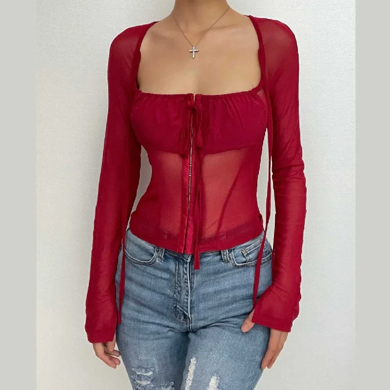 Solid long sleeve square neck mesh button drawstring crop top Thin Crop Top Open Front Quick Dry Solid long sleeve square neck mesh button drawstring crop top Thin Crop Top Open Front Quick Dry