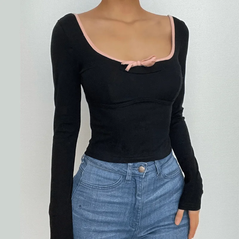 Square neck bowknot contrast long sleeve crop top Graphic Embroidered Appliqued