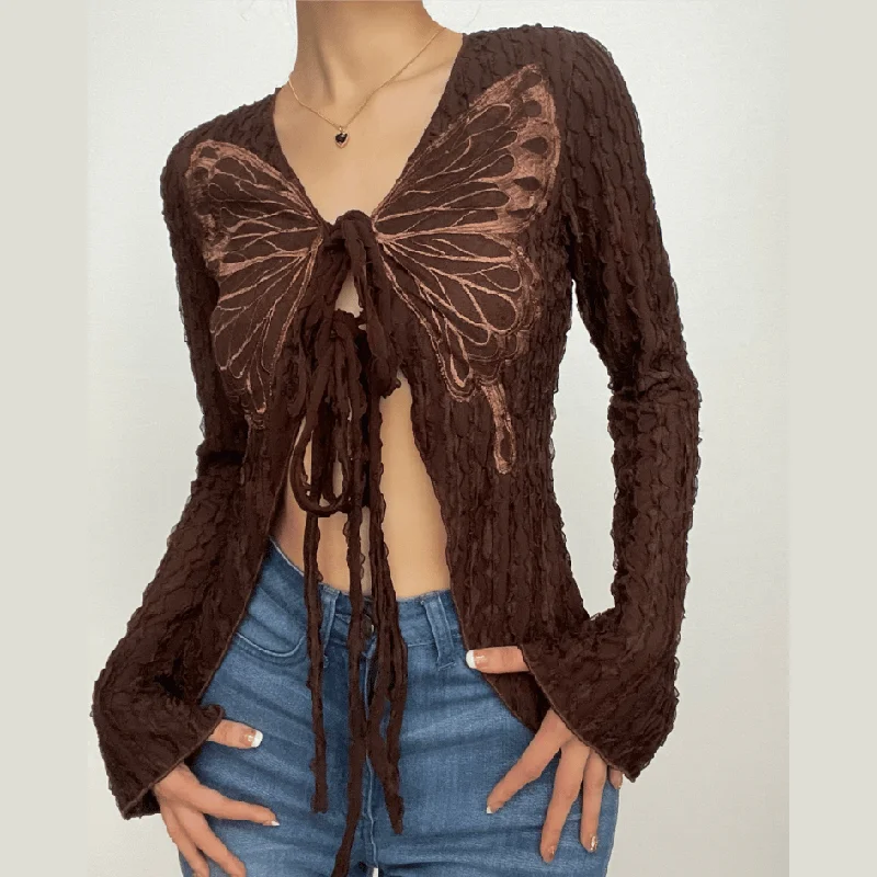 Textured butterfly pattern self tie long sleeve v neck crop top Print Jacquard Patchwork Textured butterfly pattern self tie long sleeve v neck crop top Print Jacquard Patchwork