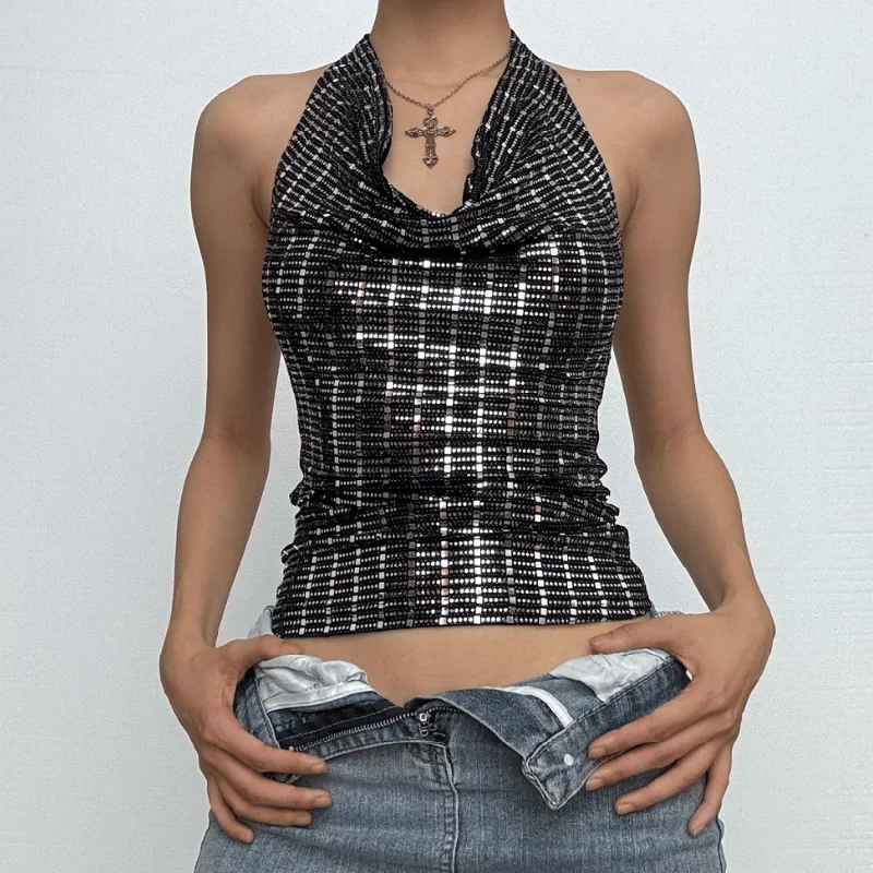 Textured cowl neck halter backless crop top Chenille Brocade Lace