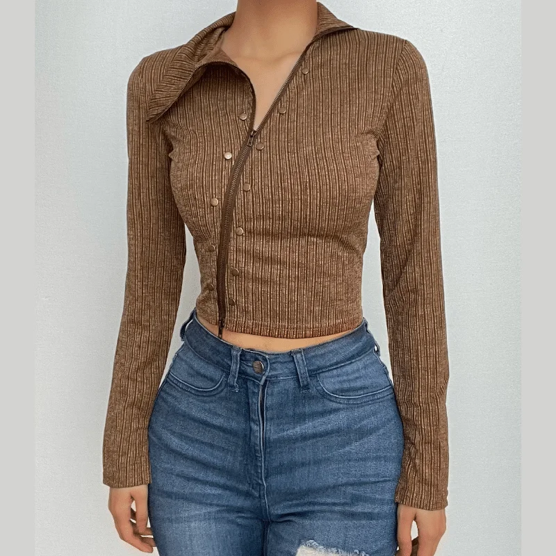 Textured irregular turnover collar zip-up long sleeve crop top Front Pockets Side Pockets Patch Pockets Textured irregular turnover collar zip-up long sleeve crop top Front Pockets Side Pockets Patch Pockets