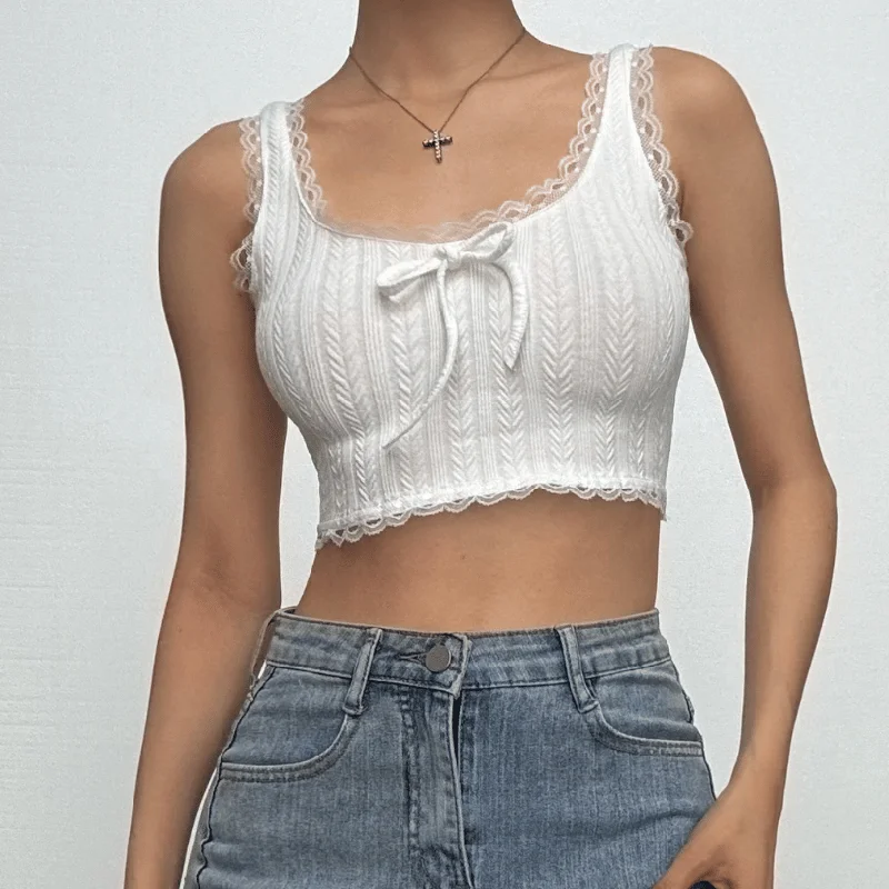 Textured lace hem solid u neck sleeveless crop top Knit Fabric Woven Fabric Fleece Fabric Textured lace hem solid u neck sleeveless crop top Knit Fabric Woven Fabric Fleece Fabric