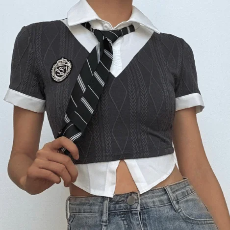Textured short sleeve patchwork necktie turnover collar crop top Print Jacquard Patchwork Textured short sleeve patchwork necktie turnover collar crop top Print Jacquard Patchwork