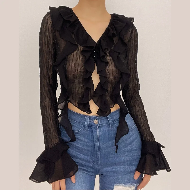 Textured solid long sleeve halter v neck ruffle flared sleeve crop top Lace Blend Ribbed Blend Corduroy Blend Textured solid long sleeve halter v neck ruffle flared sleeve crop top Lace Blend Ribbed Blend Corduroy Blend