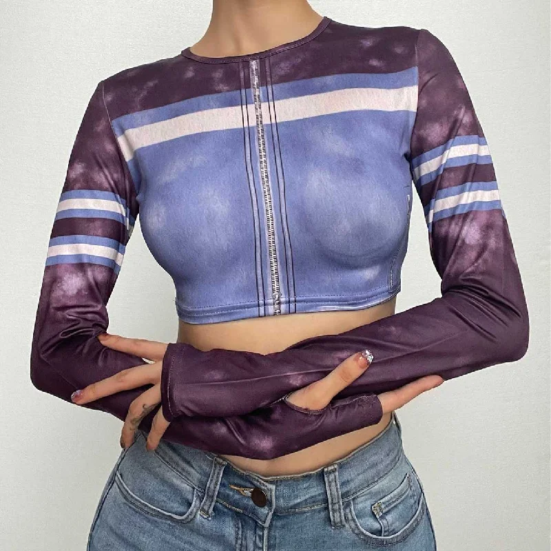 Tie dye gloves long sleeve contrast crewneck crop top Summer Crop Top Casual Short Sleeve Tie dye gloves long sleeve contrast crewneck crop top Summer Crop Top Casual Short Sleeve