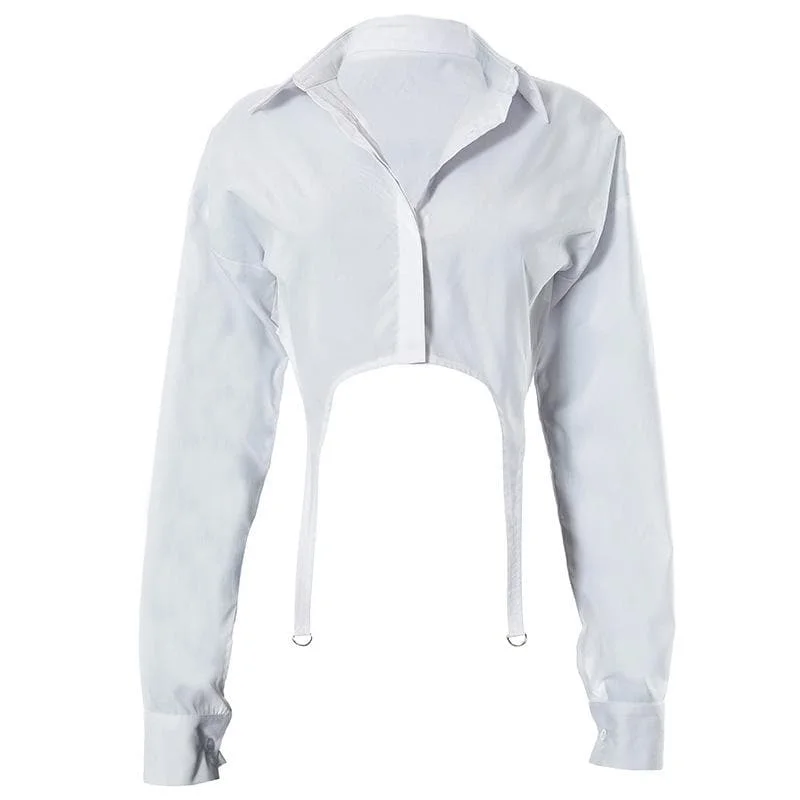 Turnover collar button long sleeve solid crop top Elegant Classic Vintage