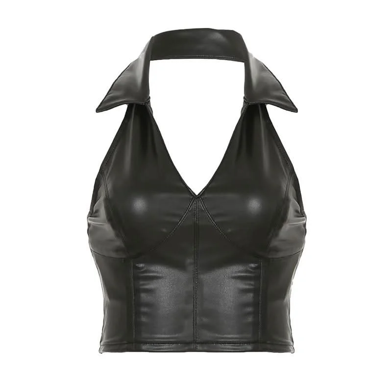 Turnover collar halter v neck PU leather crop top Spandex Blend Rayon Blend Denim Blend Turnover collar halter v neck PU leather crop top Spandex Blend Rayon Blend Denim Blend