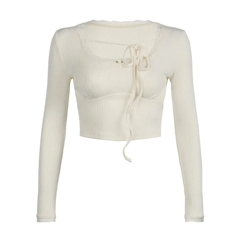 U neck long sleeve lace hem self tie crop top Mesh Blend Leather Blend Suede Blend