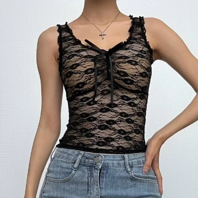 U neck ruffle lace bowknot see through crop top Crop Top Seamless Stretchy