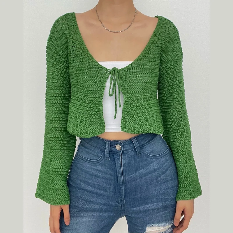 V neck self tie knit crochet long sleeve solid crop top Satin Blend Silk Blend Wool Blend V neck self tie knit crochet long sleeve solid crop top Satin Blend Silk Blend Wool Blend