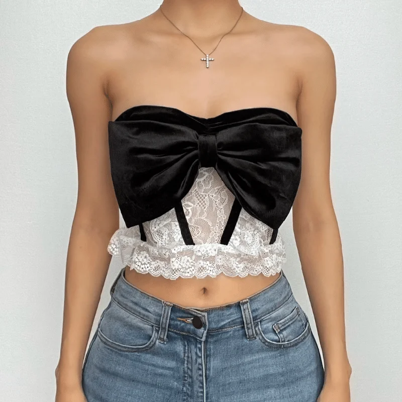 Velvet bowknot contrast lace ruffle backless tube crop top Seamless Knitted Crochet