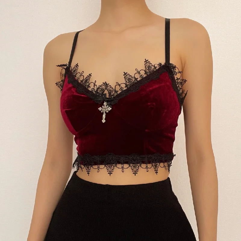 Velvet eyelash lace hem cross applique V neck crop top Sequined Glittery Shiny