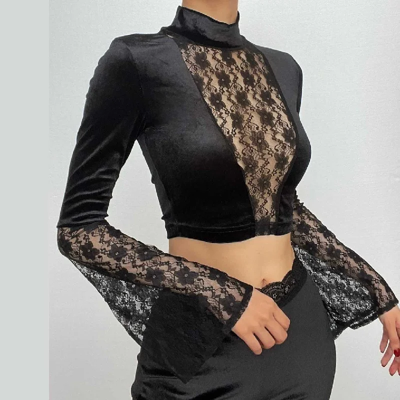 Velvet patchwork lace high neck flared sleeve crop top Boxy Fit Fitted Loose