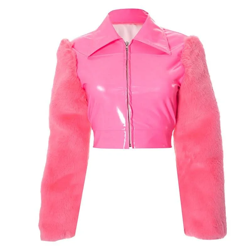 Zip-up long sleeve fluffy turnover collar crop top Houndstooth Herringbone Solid