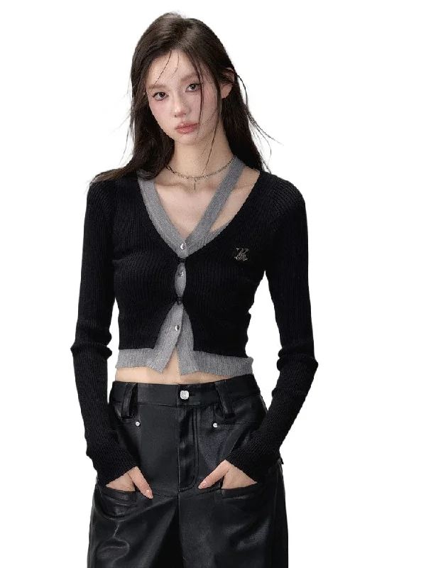 2-in-1 Long-sleeve Knitted Cardigan Spandex Blend Rayon Blend Denim Blend