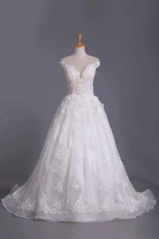 Tulle Scoop Short Sleeves Wedding Dresses A Line With Applique Tunics Brand named