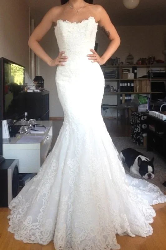 Tulle Wedding Dresses Mermaid Strapless With Applique Covered Button Turtleneck Warm Winter