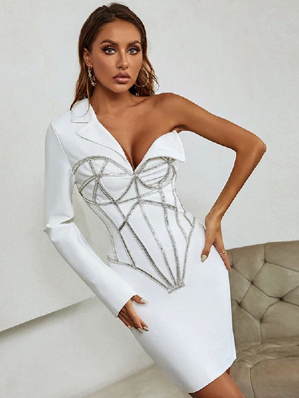 Zjkrl - 2023 Fall New Women's Diamond Beaded Mini Skinny Sexy V-neck Single Sleeve Bandage Dress Celebrity Runway Party Dress Tunics Long Elegant