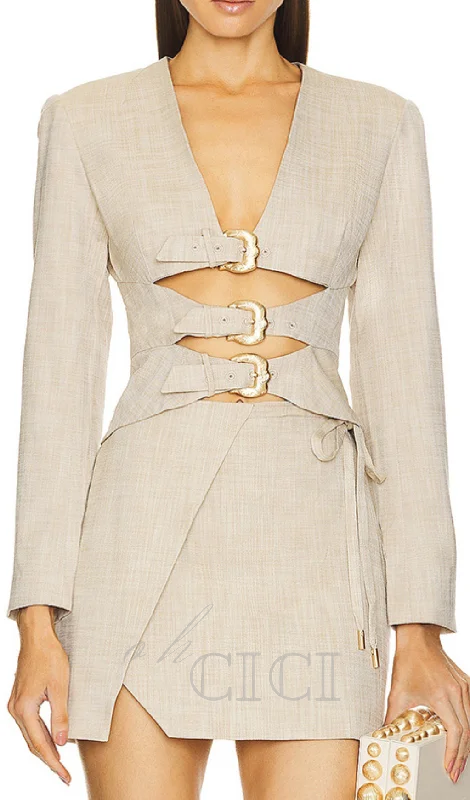 BEIGE CUT OUT BLAZER WITH METAL BUTTON Women's Fashion Blazer