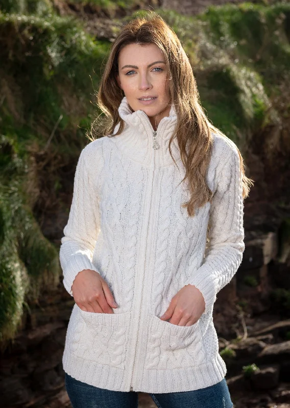 Aran Claddagh Zip Cardigan | Natural Striped Floral Plaid