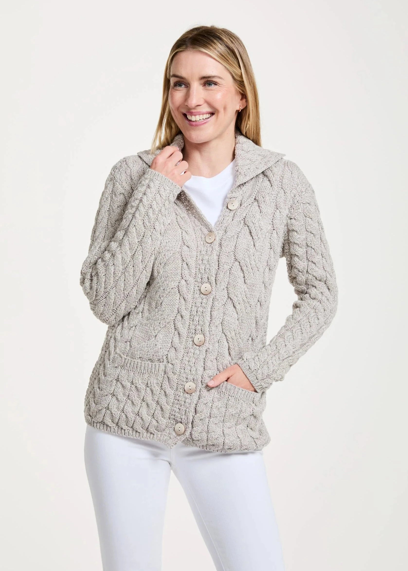 Belcarra Ladies Aran Cardigan | Oatmeal Soft Cozy Warm