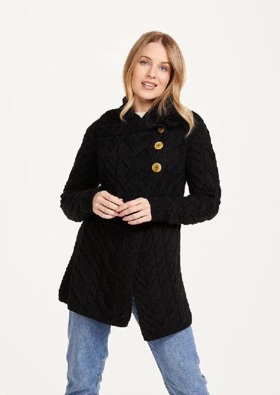 Aran 3 Buttoned Longline Cardigan | Black Houndstooth Herringbone Solid