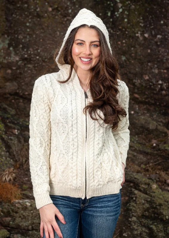 IrelandsEye Women's Aran Hooded Cardigan | Natural Hooded Cardigan Collared Cardigan Shawl Collar