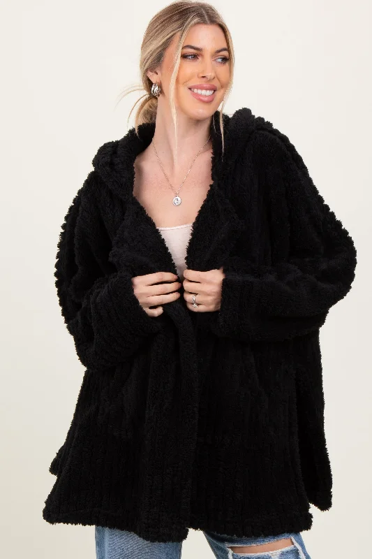 Black Fuzzy Slit Hem Hooded Cardigan Chenille Brocade Lace