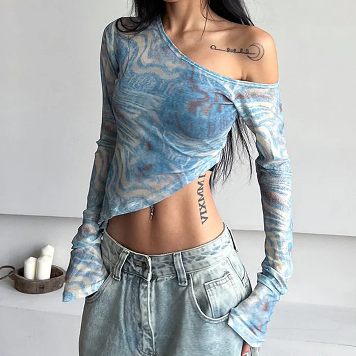 Blue Marble Asymmetrical Crop Top Graphic Embroidered Appliqued