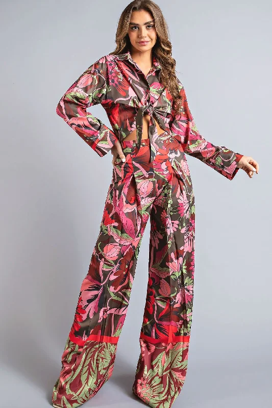 BROWN FLORAL PRINT CROP TOP & PANTS SET RRAM624S Real Fur Shearling Chenille