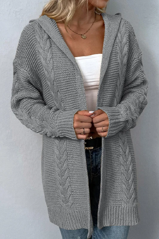 Cable-Knit Dropped Shoulder Hooded Cardigan Boat Neck Shawl Collar Notched Collar