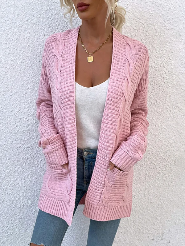 Cable-Knit Open Front Cardigan with Pockets Open Front Closed Front Wrap Front