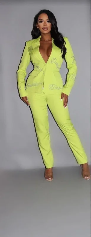 2 Piece Powersuit Blazer & Pants Set With Rhinestone Letterings On Blazer Women's Luxurious Jacket