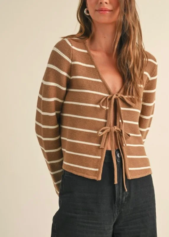 Caramelo Tie Front Stripe Cardigan Patchwork Embroidered Appliqued