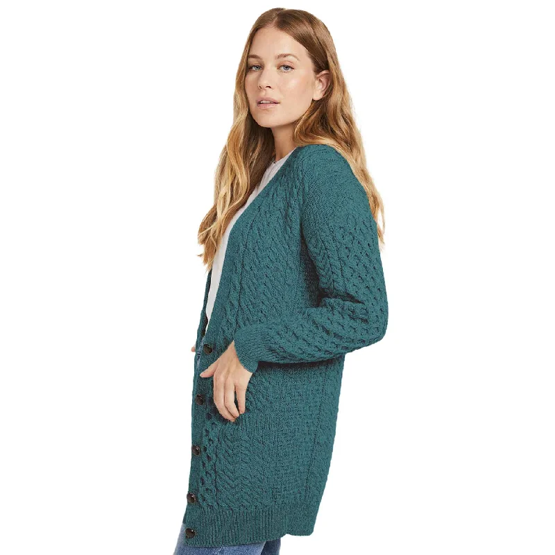 Aran Knit Boyfriend Cardigan- Teal Solid Color Striped Floral Print