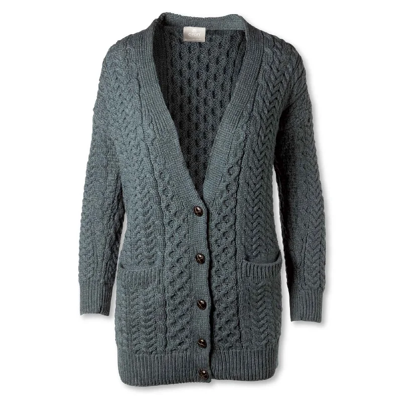 Aran Knit Boyfriend Cardigan- Charcoal Grey Cashmere Blend Cotton Blend Poly Blend