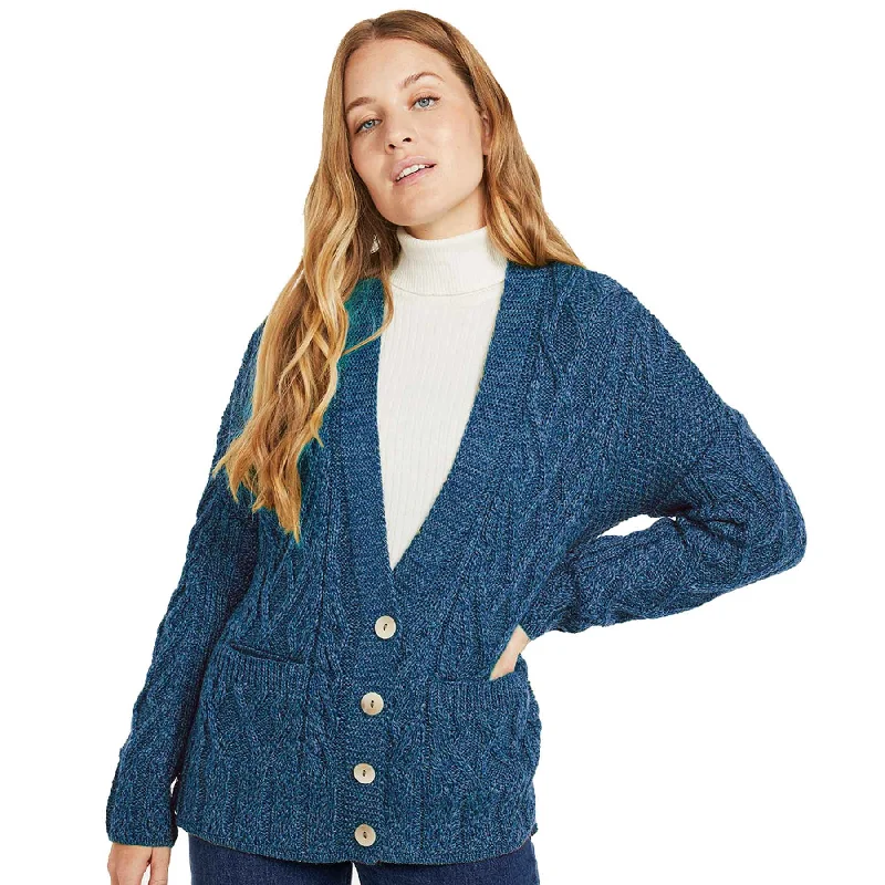 Aran Knit Trellis Button Cardigan- Blue Real Fur Shearling Chenille