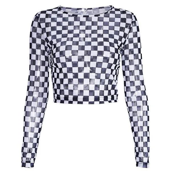 Checkered Long Sleeve Crop Top Mesh Blend Leather Blend Suede Blend