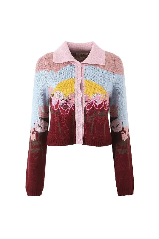 Cute Graphic Embroidered Collared Long Sleeve Button Up Winter Cardigan Anti-Pilling Anti-Shrink Durable