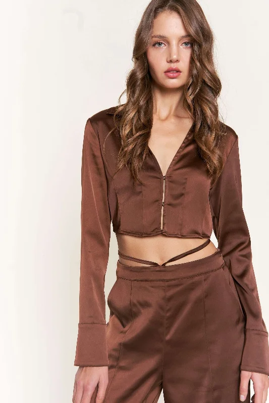 DARK BROWN LONG SLEEVES CROP TOP T8723 Polka Dot Checkered Tartan