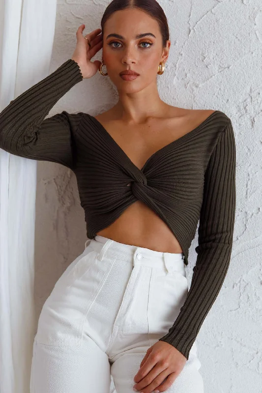 Dream Weaver Long Sleeve Twist Bust Crop Top Forest Green Cozy Warm Stylish