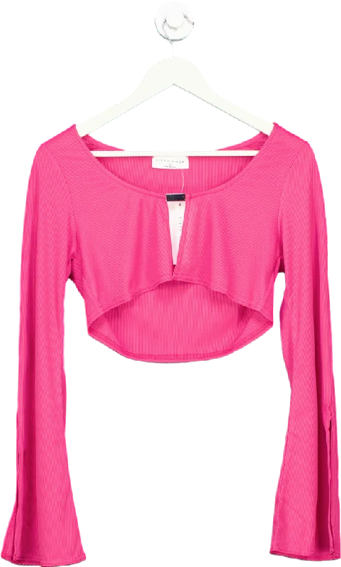 Ei8th Hour Pink Ribbed Long Sleeve Crop Top UK 12 Welt Pockets Slit Pockets Flap Pockets Ei8th Hour Pink Ribbed Long Sleeve Crop Top UK 12 Welt Pockets Slit Pockets Flap Pockets