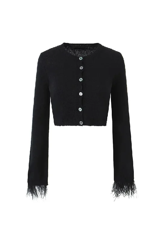 Elegant Round Neck Button Up Feather Trim Long Sleeve Crop Knit Cardigan Zippered Front Buttoned Front Snap Front