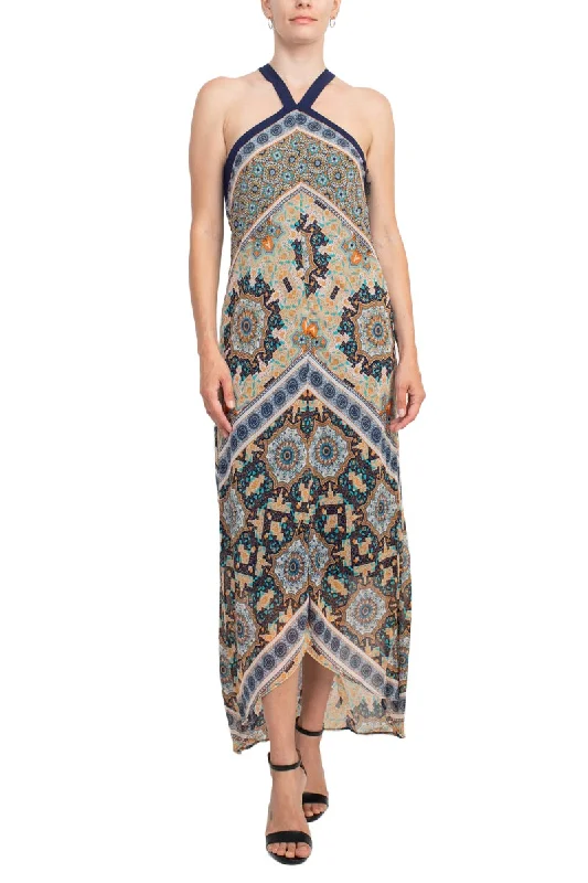 Emma & Michelle Crossed Neck Sleeveless Multi Print High Low Hem Chiffon Dress Tunics Silk luxurious