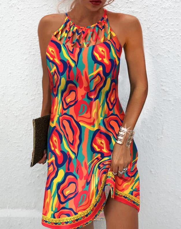 Zjkrl - Fashion Women's Straight Dress 2023 Summer Vacation New Multicolor Abstract Print Hollow Casual Mini Sleeveless Dress Female Tunics Stylish elegant