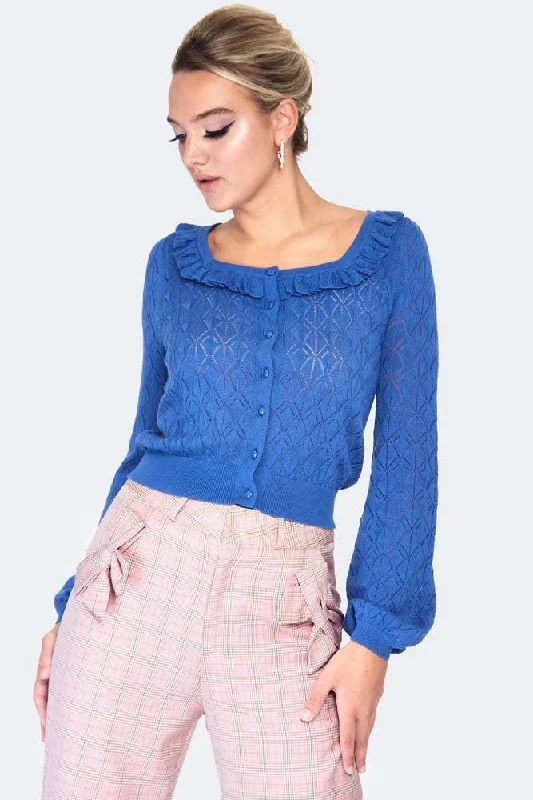 Frill Neck Lace Knit Cardigan Tailored Straight A-Line